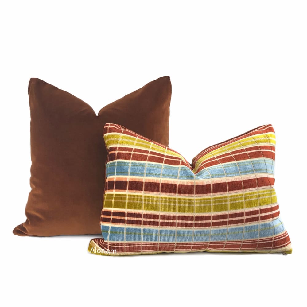 Regents Park Rust Blue Gold Plaid Silk Velvet Pillow Cover (Lee Jofa fabric) - Aloriam