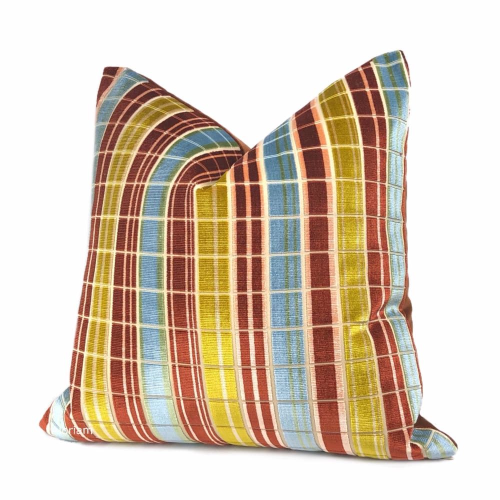 Regents Park Rust Blue Gold Plaid Silk Velvet Pillow Cover (Lee Jofa fabric) - Aloriam