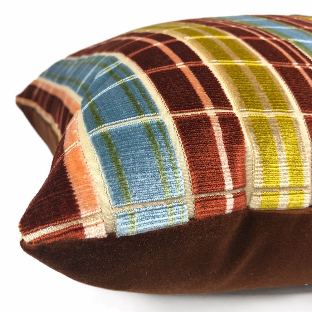 Regents Park Rust Blue Gold Plaid Silk Velvet Pillow Cover (Lee Jofa fabric) - Aloriam