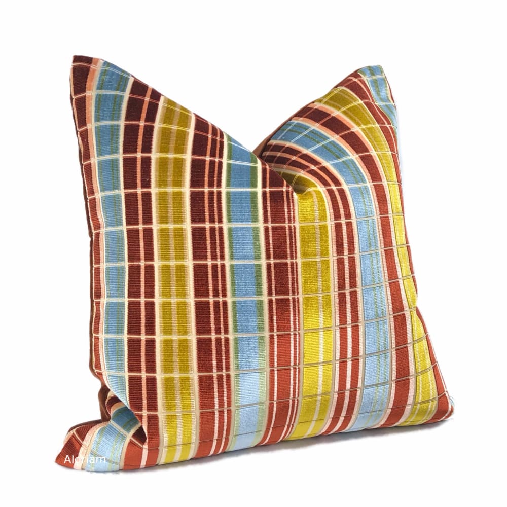 Regents Park Rust Blue Gold Plaid Silk Velvet Pillow Cover (Lee Jofa fabric) - Aloriam