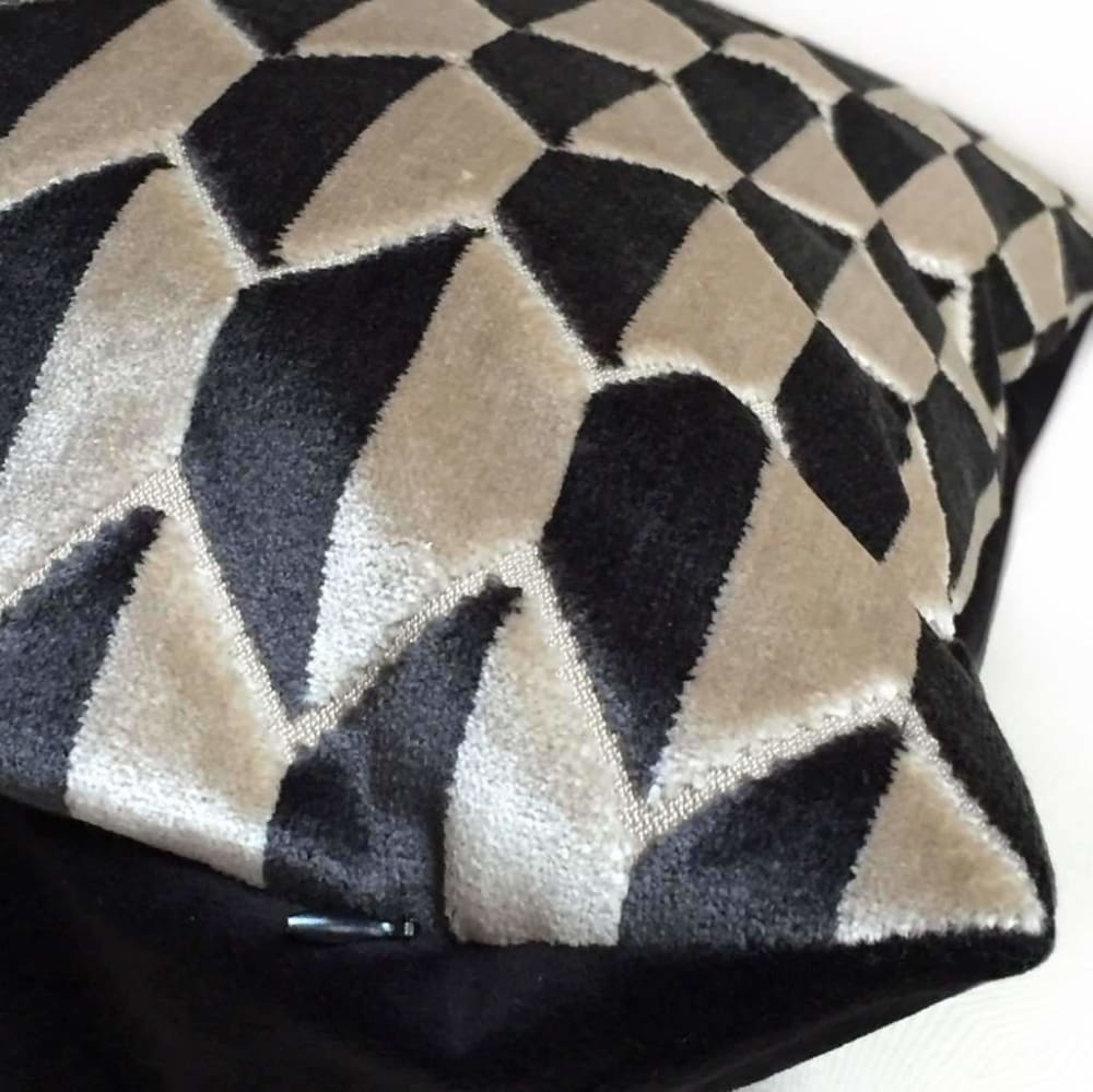 Geometric Ikat Velvet store Pillow Cover with Black & Off White | Frontside is 100% Silk Velvet, Backside is Soft Black Fabric | Limited Edition