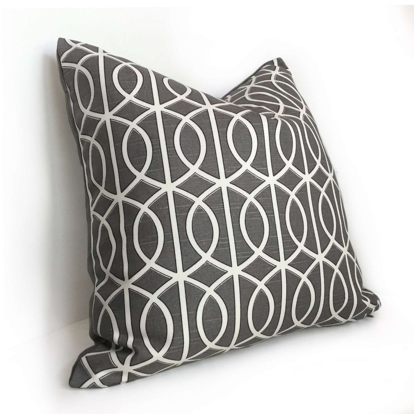 Robert Allen Bella Porte Charcoal Gray White Geometric Lattice Fretwork Cushion