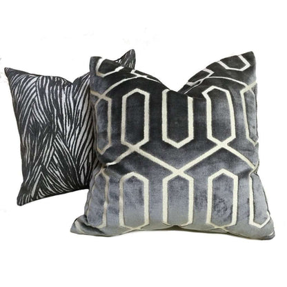 Robert Allen Bengal Lattice Charcoal Gray Geometric Italian Cut Velvet Pillow Cover