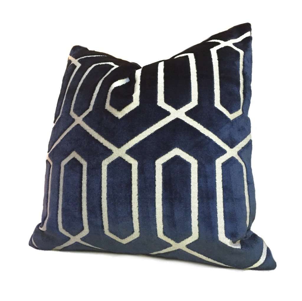 Robert Allen Bengal Lattice Geometric Navy Blue Italian Cut Velvet Pillow Cover