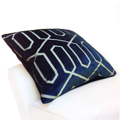 Robert Allen Bengal Lattice Geometric Navy Blue Italian Cut Velvet Pillow Cover