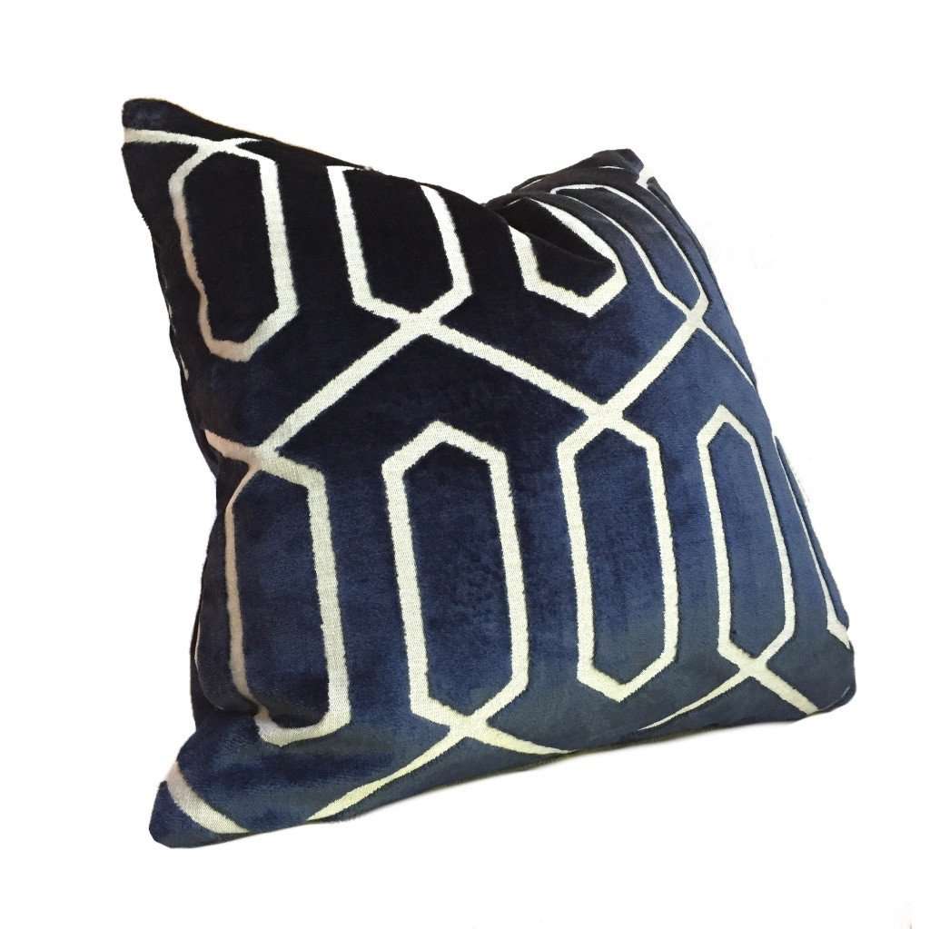 Robert Allen Bengal Lattice Geometric Navy Blue Italian Cut Velvet Pillow Cover