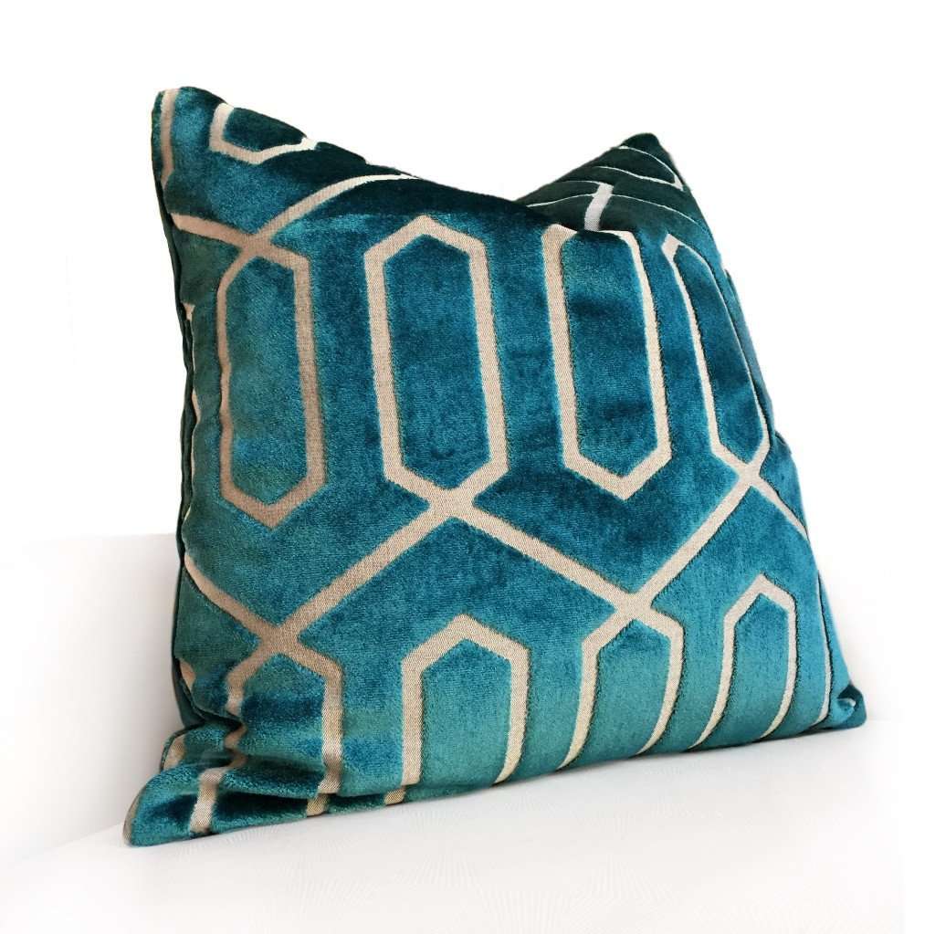 Robert Allen Bengal Lattice Peacock Teal Green Geometric Italian Cut Velvet Pillow Cover Cushion Pillow Case Euro Sham 16x16 18x18 20x20 22x22 24x24 26x26 28x28 Lumbar Pillow 12x18 12x20 12x24 14x20 16x26 by Aloriam