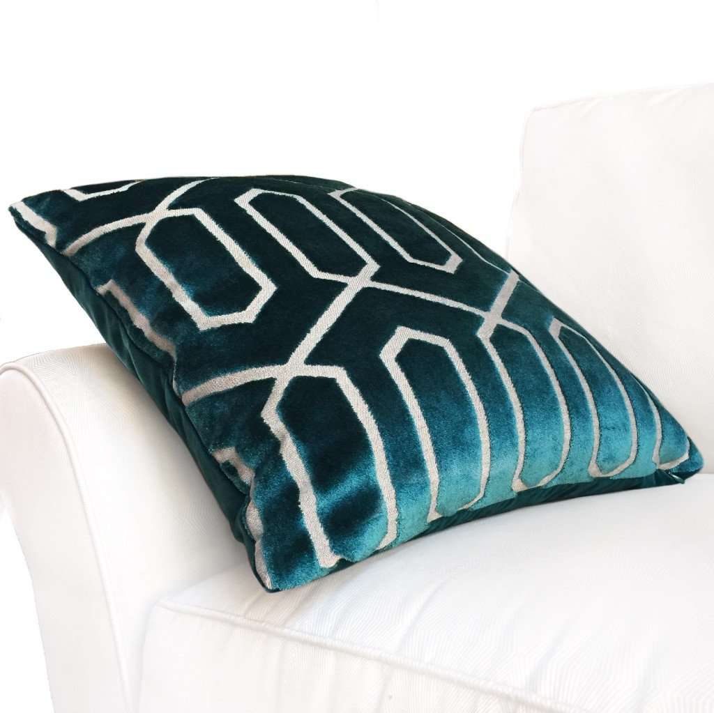 Robert Allen Bengal Lattice Peacock Teal Green Geometric Italian Cut Velvet Pillow Cover Cushion Pillow Case Euro Sham 16x16 18x18 20x20 22x22 24x24 26x26 28x28 Lumbar Pillow 12x18 12x20 12x24 14x20 16x26 by Aloriam