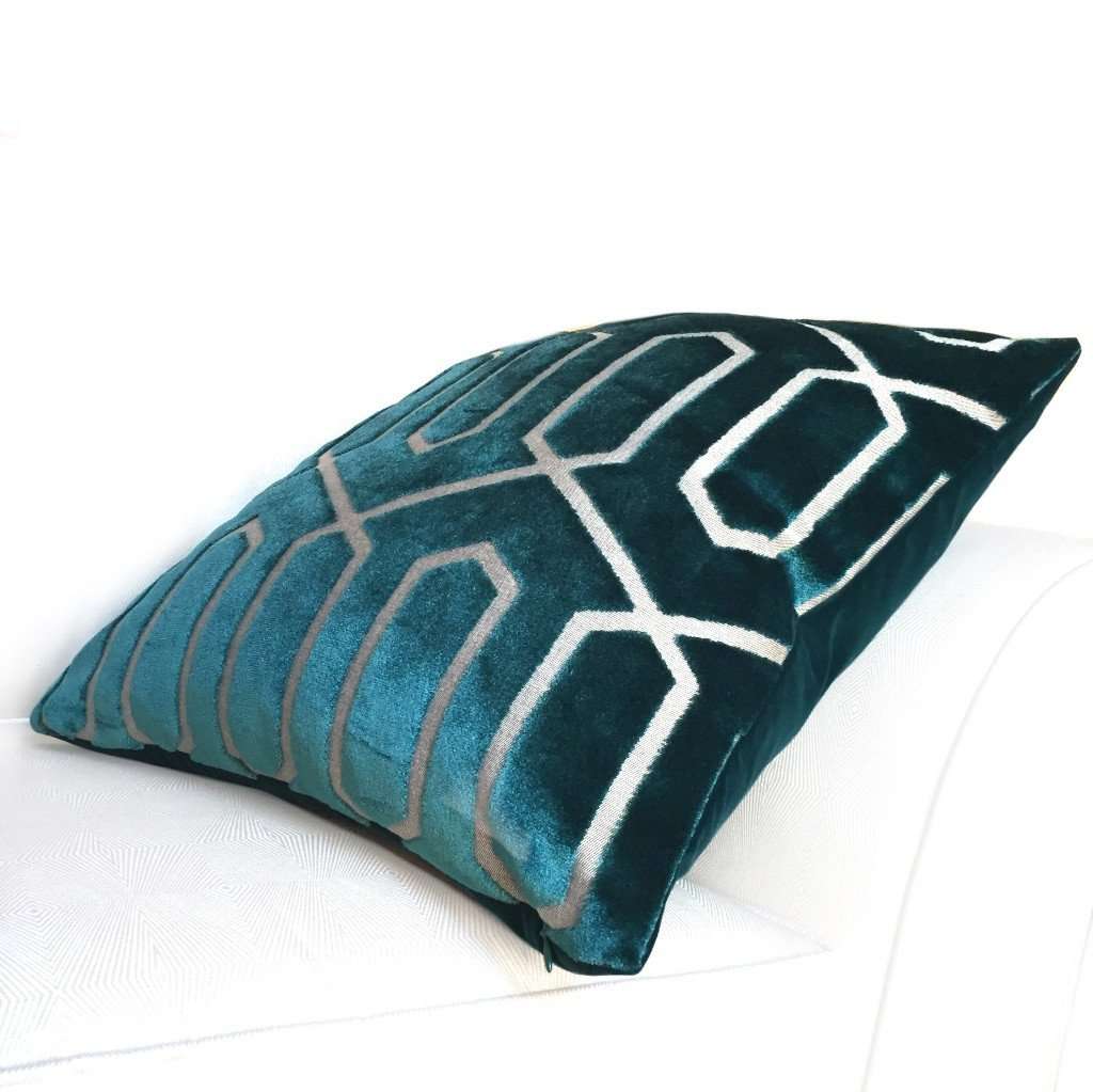 Robert Allen Bengal Lattice Peacock Teal Green Geometric Italian Cut Velvet Pillow Cover Cushion Pillow Case Euro Sham 16x16 18x18 20x20 22x22 24x24 26x26 28x28 Lumbar Pillow 12x18 12x20 12x24 14x20 16x26 by Aloriam