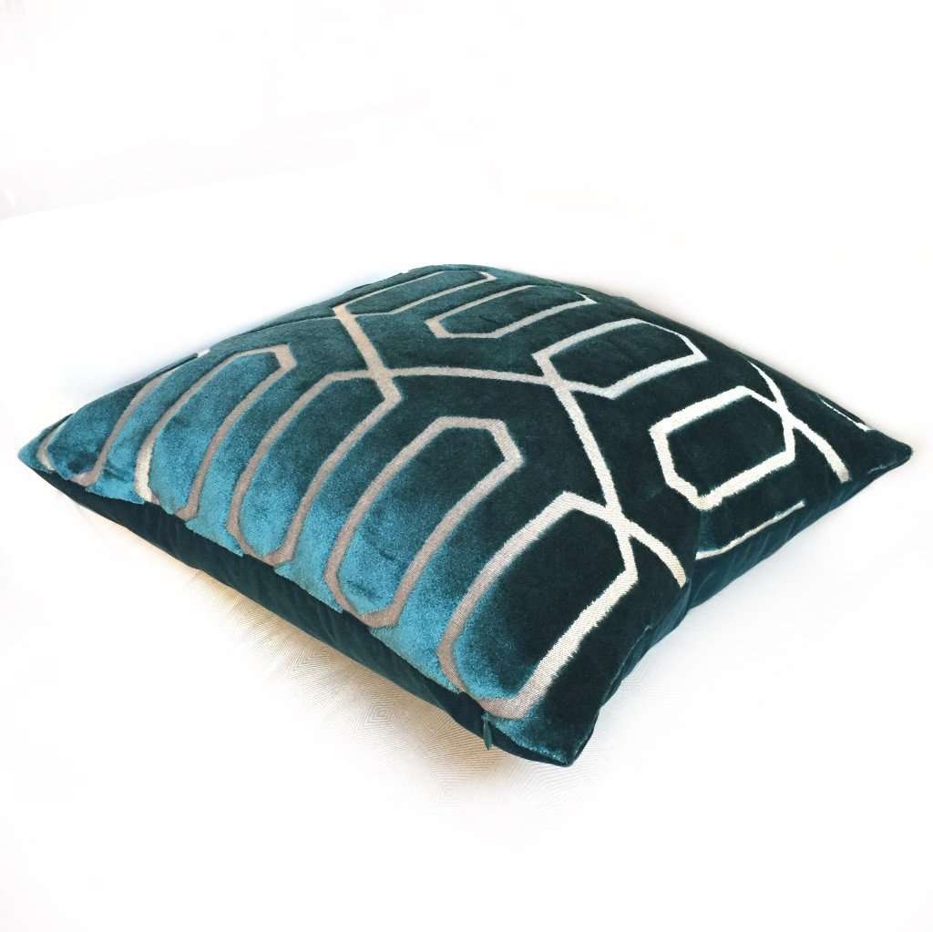 Robert Allen Bengal Lattice Peacock Teal Green Geometric Italian Cut Velvet Pillow Cover Cushion Pillow Case Euro Sham 16x16 18x18 20x20 22x22 24x24 26x26 28x28 Lumbar Pillow 12x18 12x20 12x24 14x20 16x26 by Aloriam