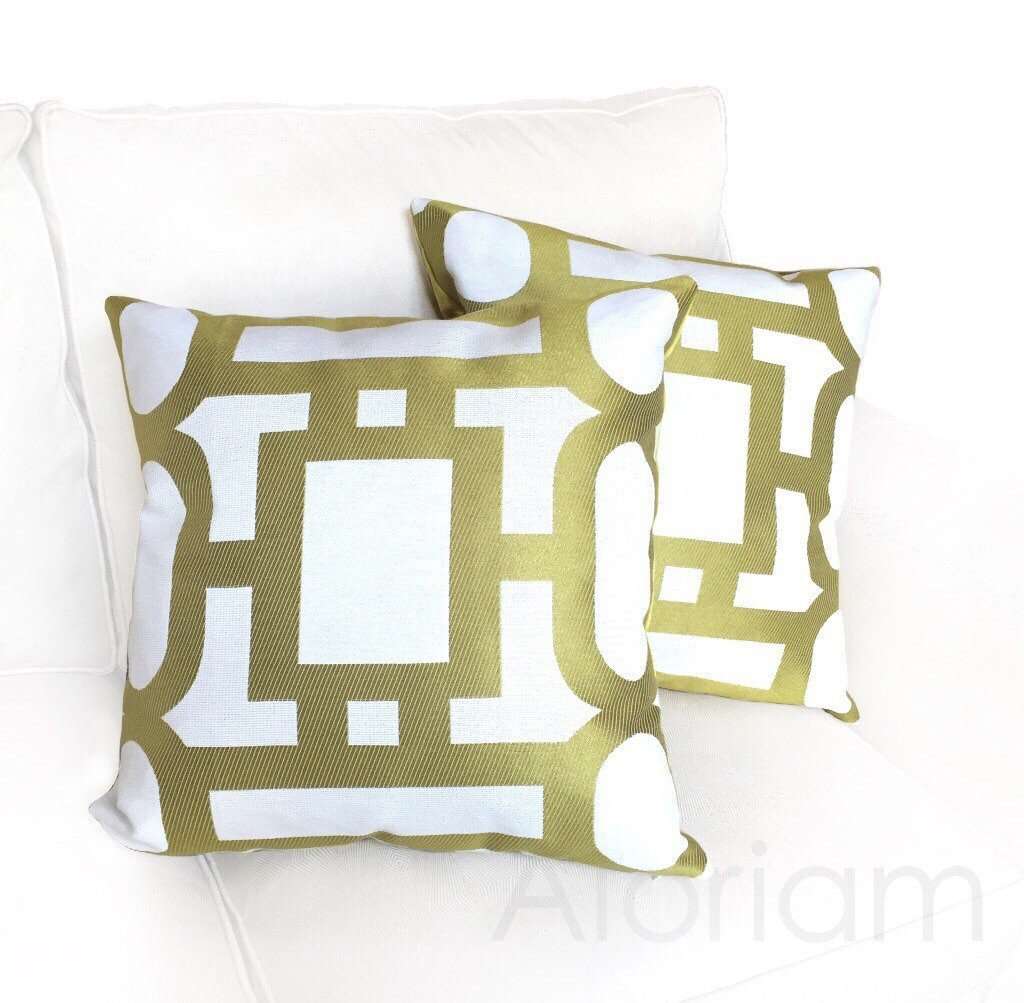 Robert Allen Chartreuse Green Art Deco Ovals Rectangles Jacquard Geometric Pillow Cushion Cover