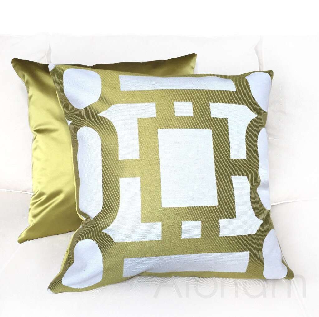 Robert Allen Chartreuse Green Art Deco Ovals Rectangles Jacquard Geometric Pillow Cushion Cover