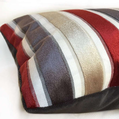 Robert Allen Cut Velvet Stripe Red Gray Beige Cream Pillow Cover by Aloriam