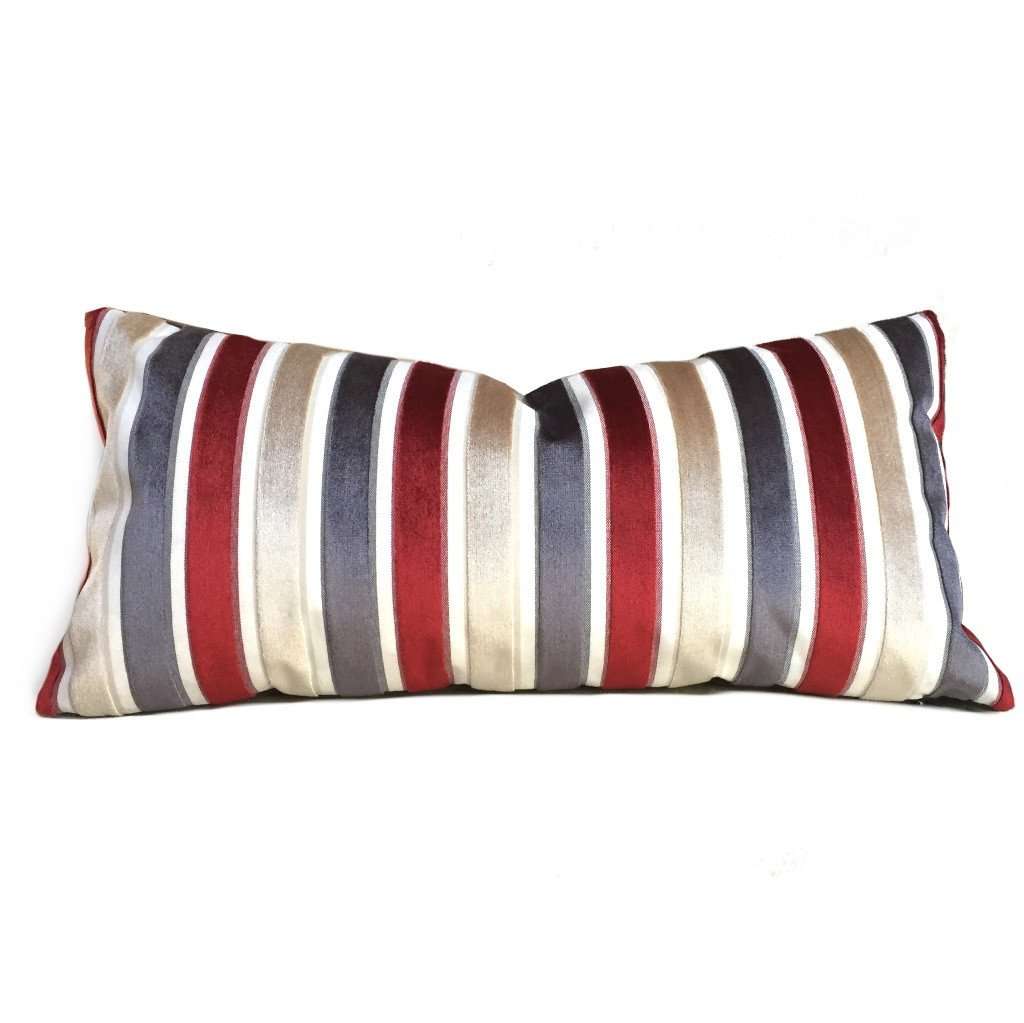 Robert Allen Cut Velvet Stripe Red Gray Beige Cream Pillow Cover by Aloriam