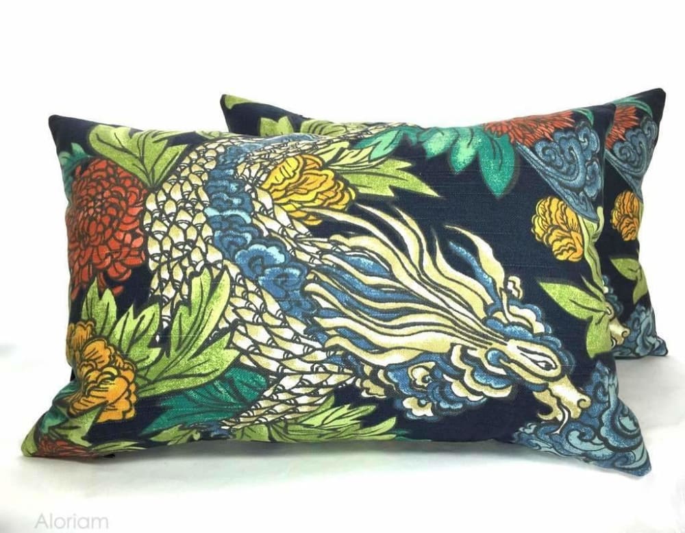 Robert Allen Dwell Studio Ming Dragon Chinoiserie Pillow Cover in Admiral Blue - Fits 12x18 insert - Aloriam