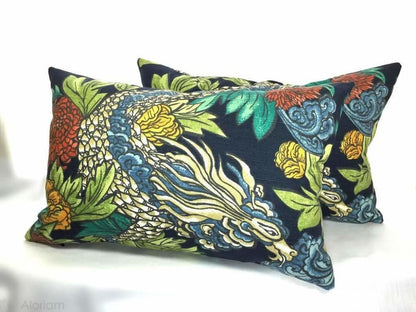 Robert Allen Dwell Studio Ming Dragon Chinoiserie Pillow Cover in Admiral Blue - Aloriam