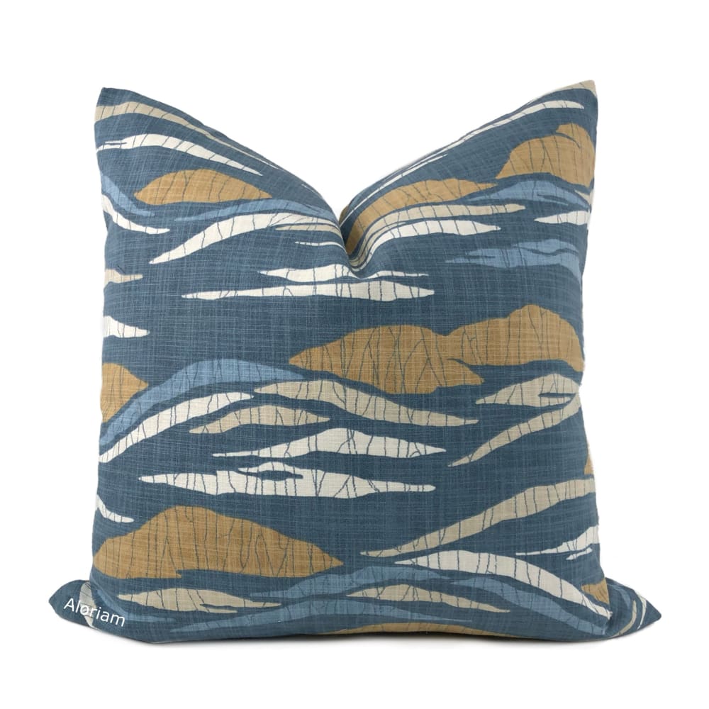 Robert Allen Lotus Hills Slate Blue & Ochre Abstract Cotton Print Pillow Cover - Aloriam