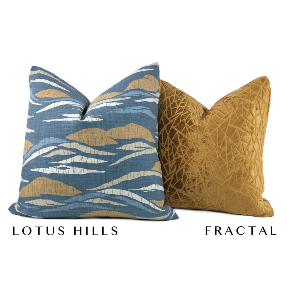 Robert Allen Lotus Hills Slate Blue & Ochre Abstract Cotton Print Pillow Cover - Aloriam