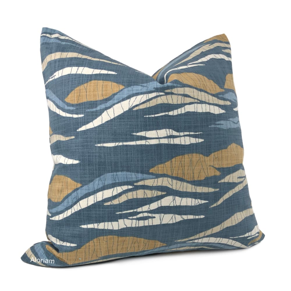 Robert Allen Lotus Hills Slate Blue & Ochre Abstract Cotton Print Pillow Cover - Aloriam