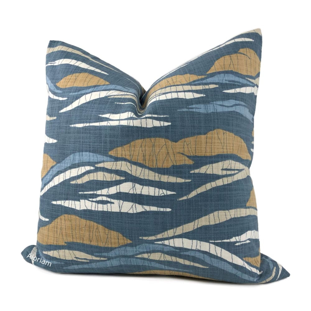 Robert Allen Lotus Hills Slate Blue & Ochre Abstract Cotton Print Pillow Cover - Aloriam