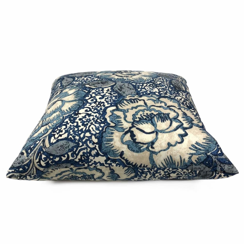 Robert Allen Peony Bloom Indigo Blue Beige Floral Cotton Print Pillow Case 22x22