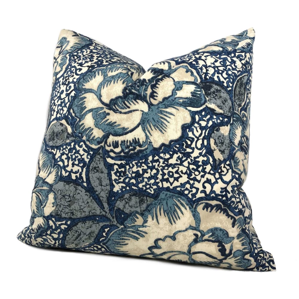 Robert Allen Peony Bloom Indigo Blue Beige Floral Cotton Print Decorative Pillow 16x26