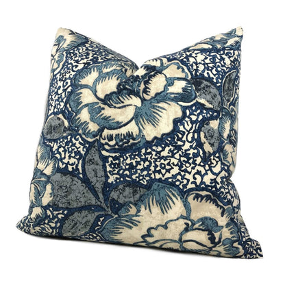 Robert Allen Peony Bloom Indigo Blue Beige Floral Cotton Print Decorative Pillow 16x26