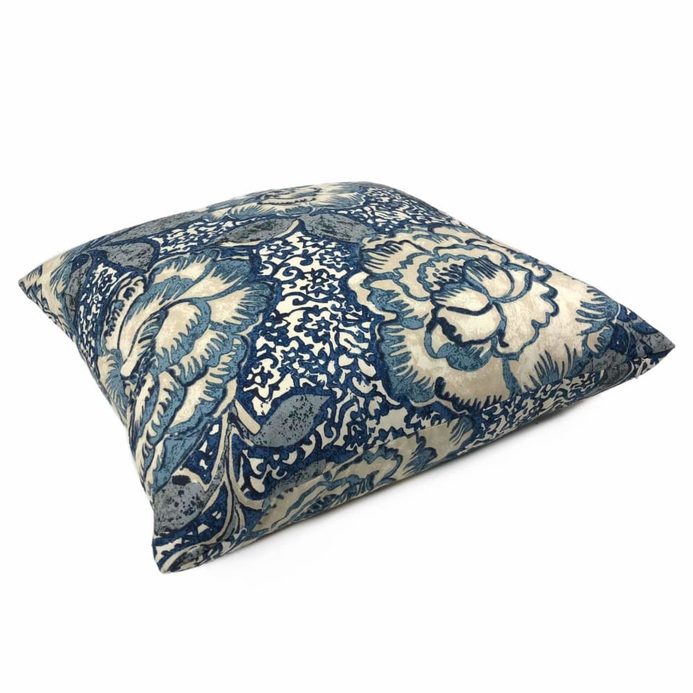 Robert Allen Peony Bloom Indigo Blue Beige Floral Cotton Print Throw Pillow Cover 26x26