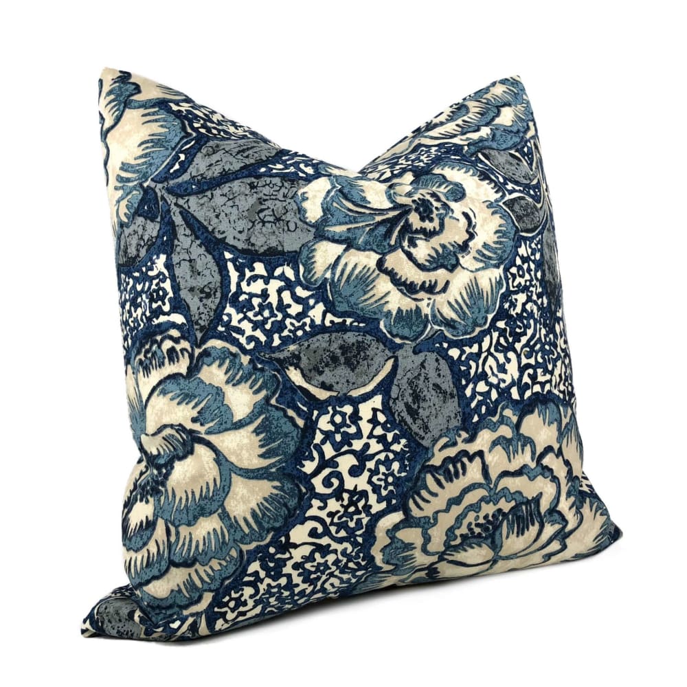 Robert Allen Peony Bloom Indigo Blue Beige Floral Cotton Print Cushion Cover 20x20