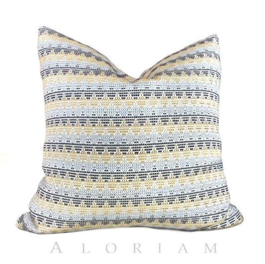 Robert Allen Point Blank Yellow Blue Mosaic Southwest Stripe Pillow Cushion by Aloriam