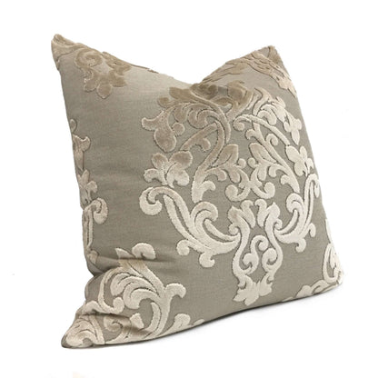 Robert Allen Royal Beauty Damask Medallion Beige Cream Cut Velvet Pillow Cover by Aloriam