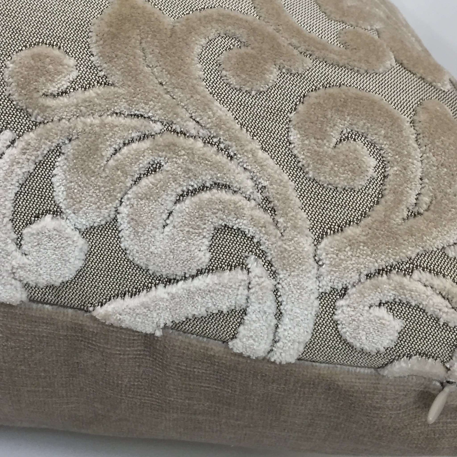 Robert Allen Royal Beauty Damask Medallion Beige Cream Cut Velvet Pillow Cover by Aloriam