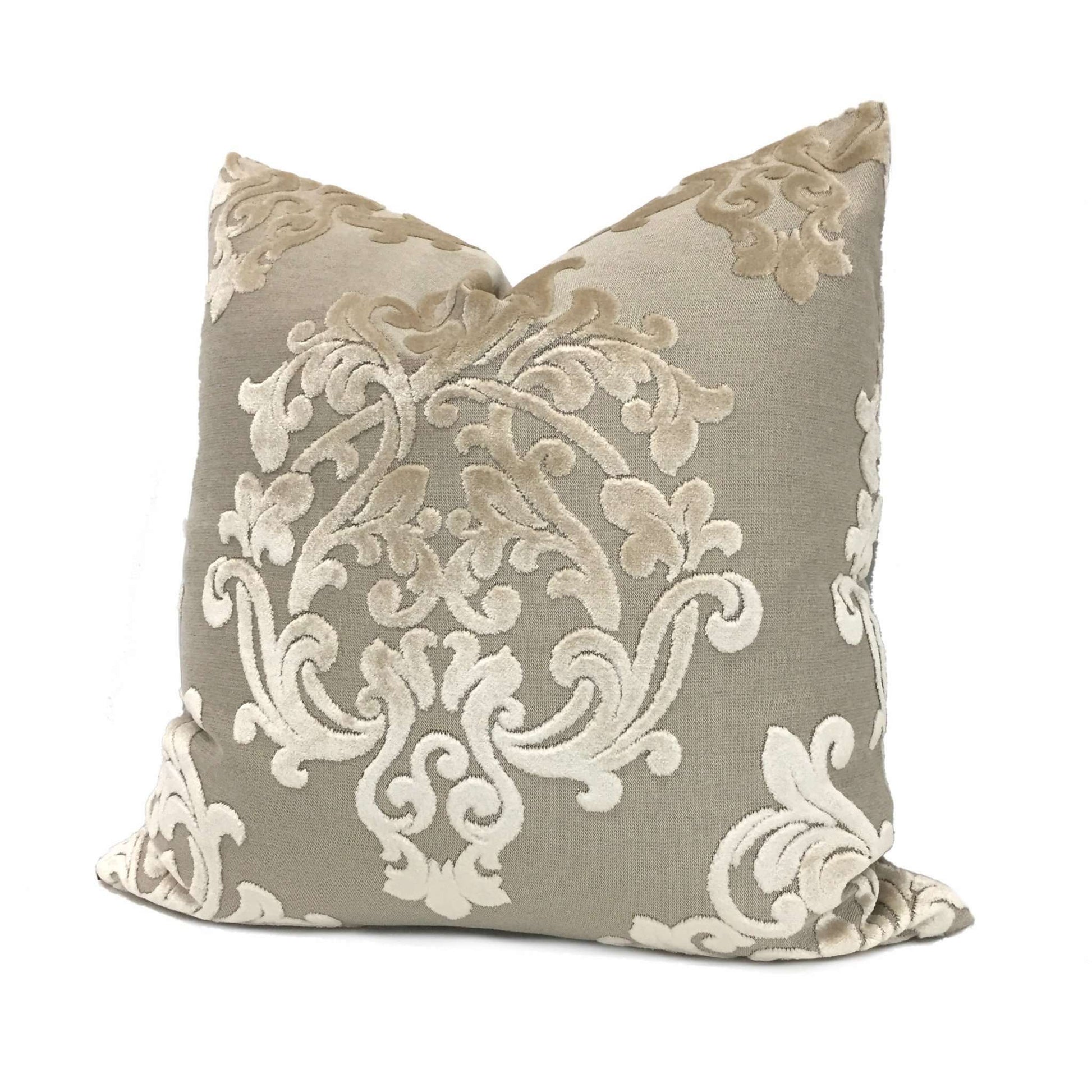 Robert Allen Royal Beauty Damask Medallion Beige Cream Cut Velvet Pillow Cover by Aloriam