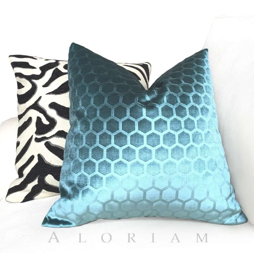 Robert Allen Soft Hex Cove teal geometric velvet cushion cover 22x22