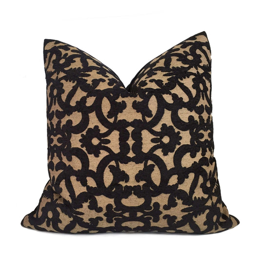 Robert Allen Tuscan Scrolls Black Tan Scrollwork Pillow Cover by Aloriam