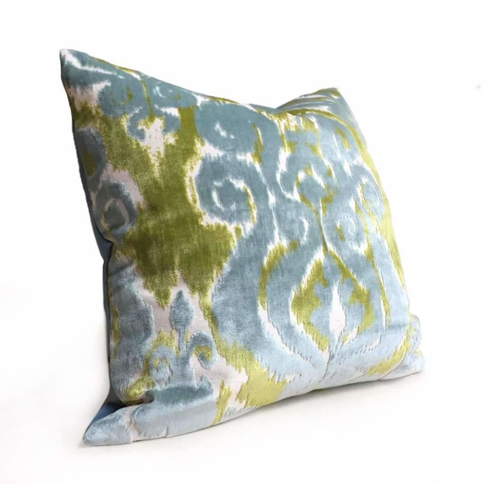 Robert Allen Velvet Bliss Ikat Damask Green Blue Cut Velvet Pillow Cover - Aloriam