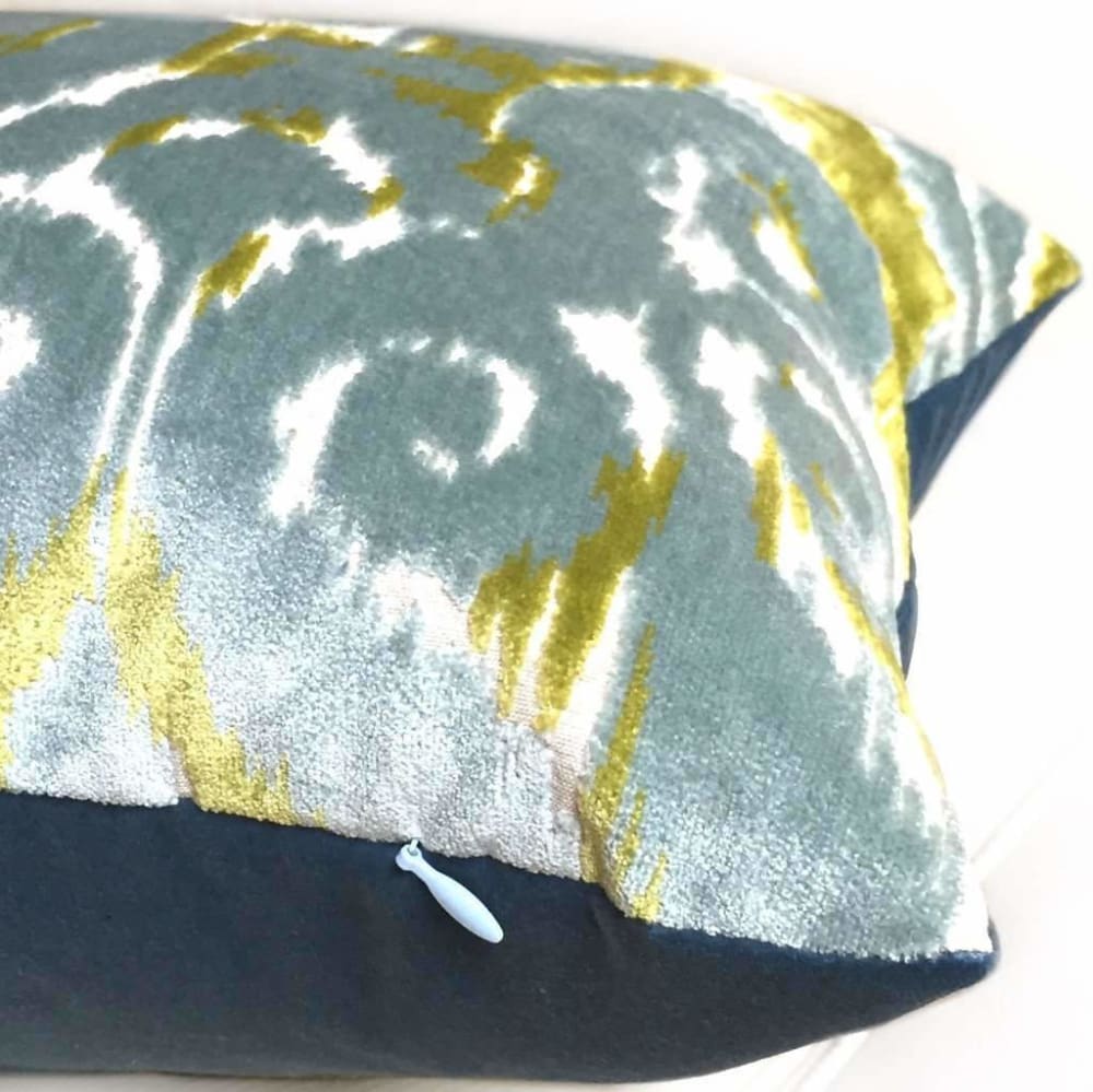 Robert Allen Velvet Bliss Ikat Damask Green Blue Cut Velvet Pillow Cover - Aloriam