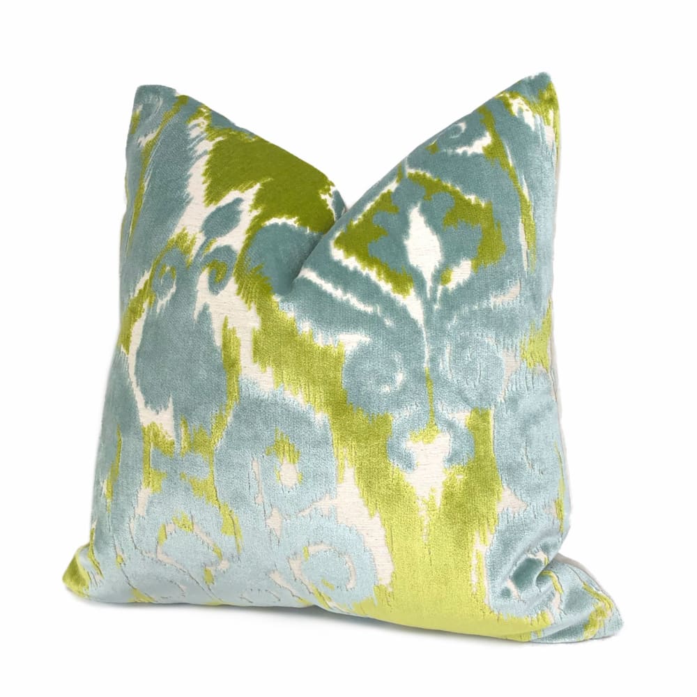 Robert Allen Velvet Bliss Ikat Damask Green Blue Cut Velvet Pillow Cover - Aloriam