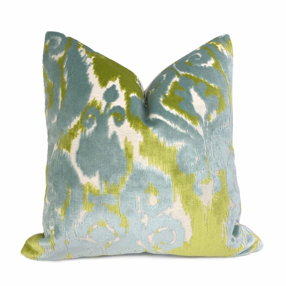 Robert Allen Velvet Bliss Ikat Damask Green Blue Cut Velvet Pillow Cover - Aloriam