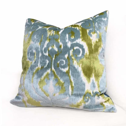 Robert Allen Velvet Bliss Ikat Damask Green Blue Cut Velvet Pillow Cover - Aloriam