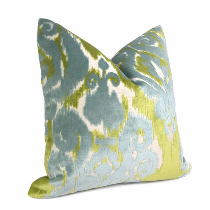 Robert Allen Velvet Bliss Ikat Damask Green Blue Cut Velvet Pillow Cover - Aloriam