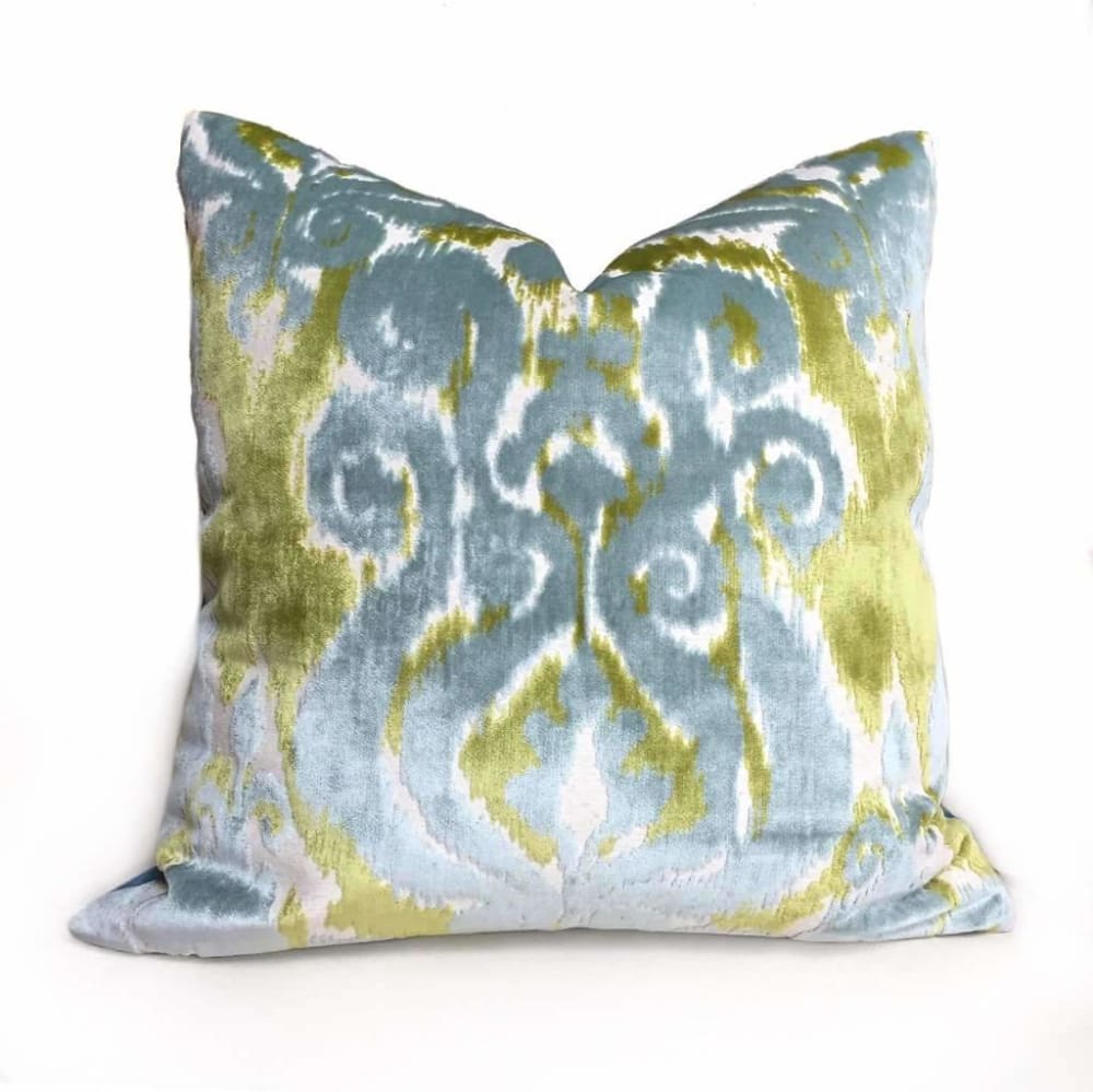 Robert Allen Velvet Bliss Ikat Damask Green Blue Cut Velvet Pillow Cover - Aloriam