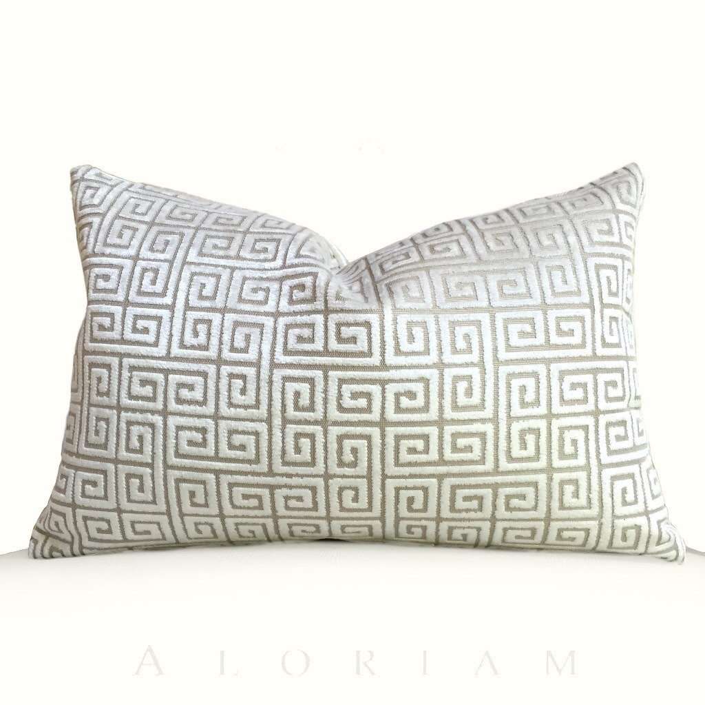 Robert Allen Velvet Greek Key Pearl White Beige Pillow Cover