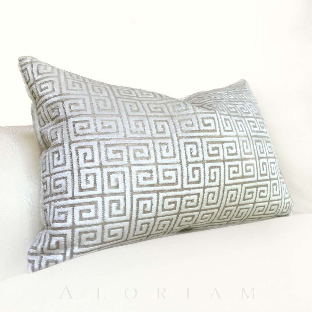 Robert Allen Velvet Greek Key Pearl White Beige Pillow Cover