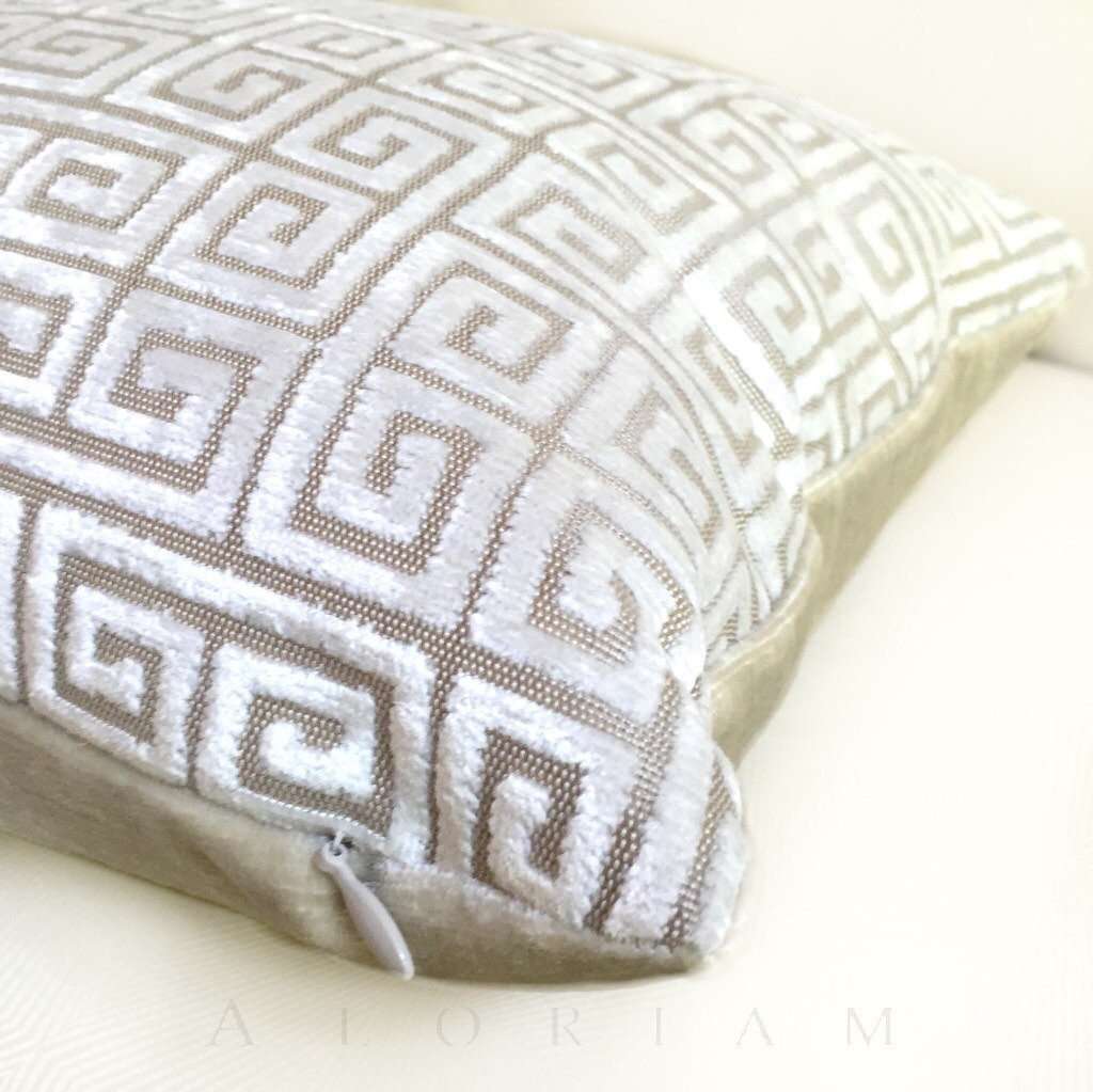 Robert Allen Velvet Greek Key Pearl White Beige Pillow Cover