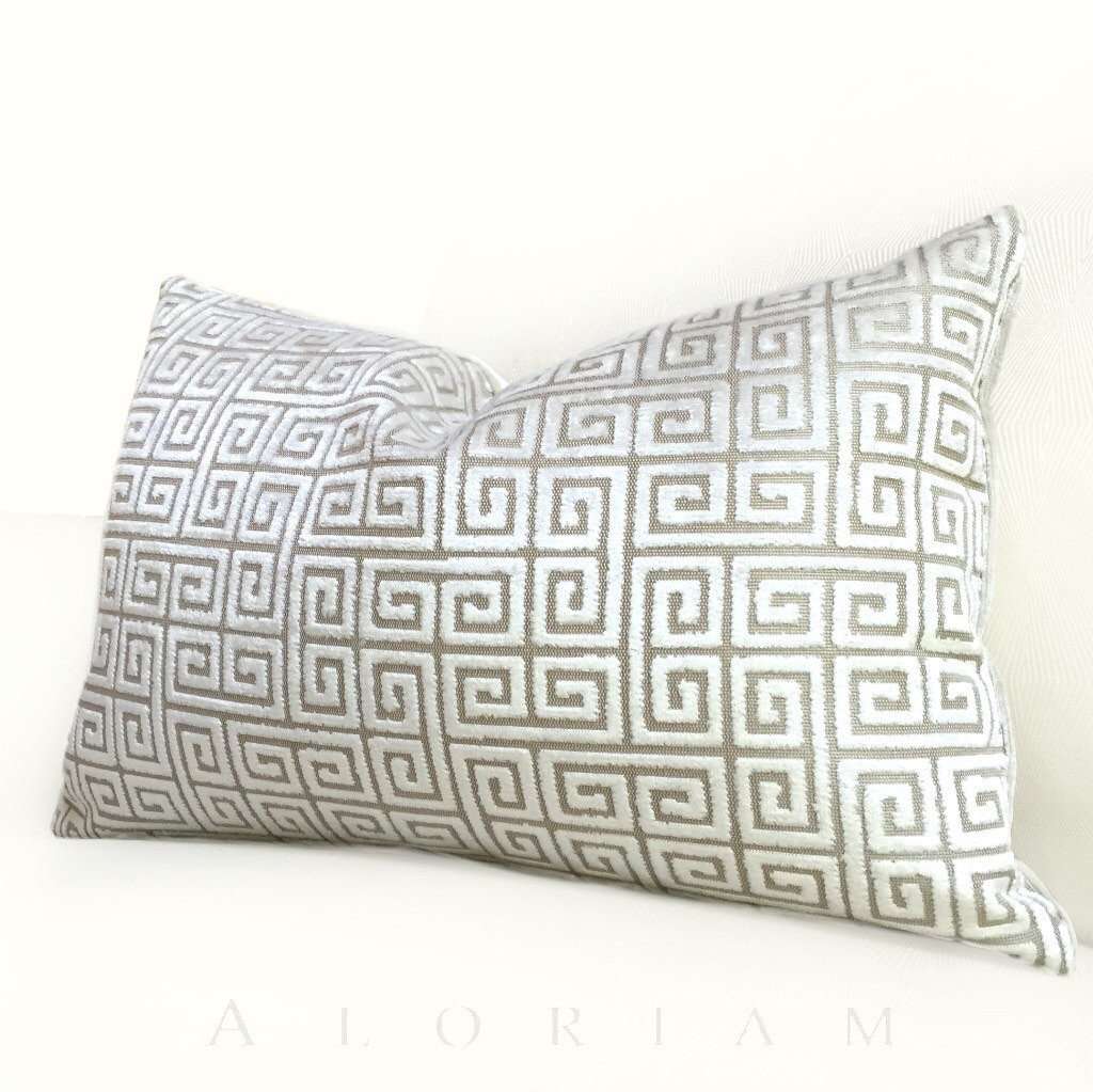 Robert Allen Velvet Greek Key Pearl White Beige Pillow Cover