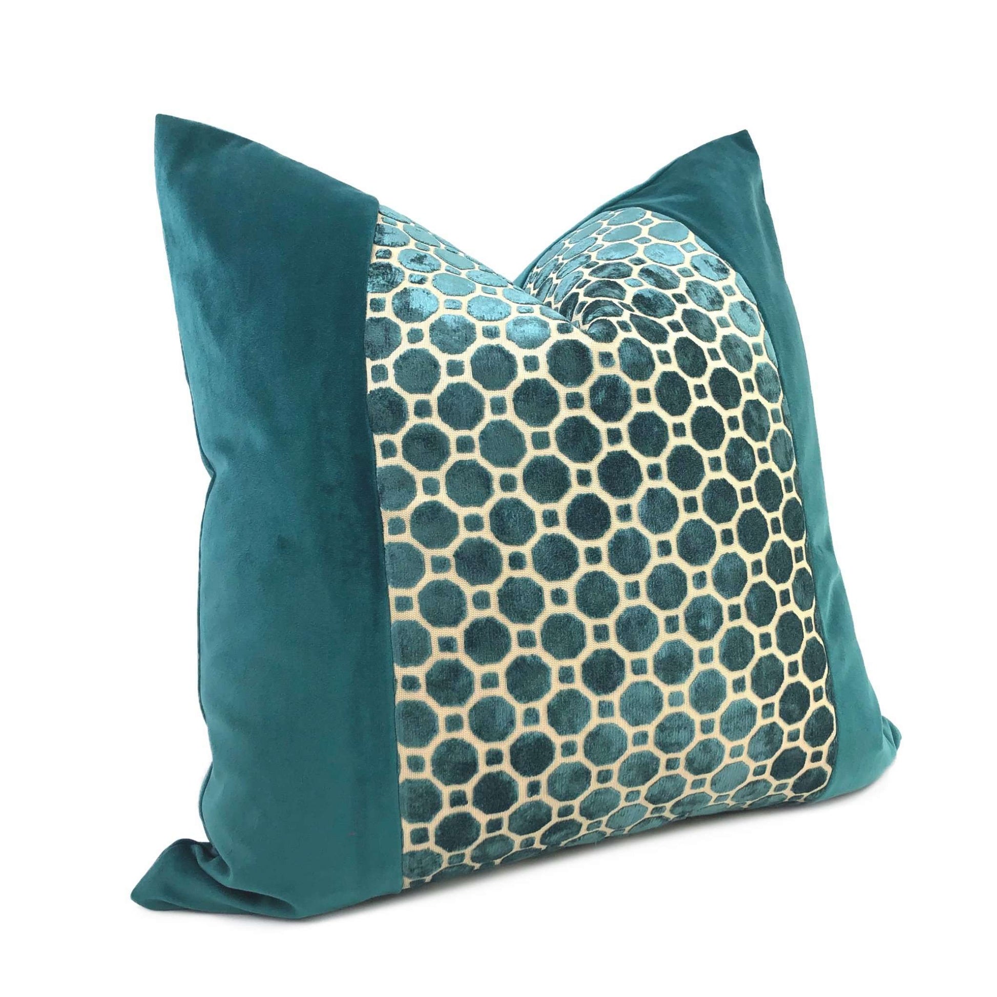 Samara Teal Green Velvet Geo Panel Pillow Cover Cushion Pillow Case Euro Sham 16x16 18x18 20x20 22x22 24x24 26x26 28x28 Lumbar Pillow 12x18 12x20 12x24 14x20 16x26 by Aloriam