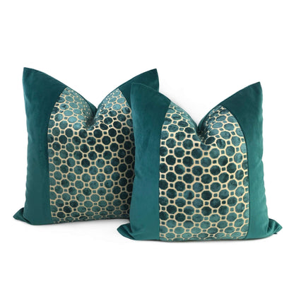 Samara Teal Green Velvet Geo Panel Pillow Cover Cushion Pillow Case Euro Sham 16x16 18x18 20x20 22x22 24x24 26x26 28x28 Lumbar Pillow 12x18 12x20 12x24 14x20 16x26 by Aloriam