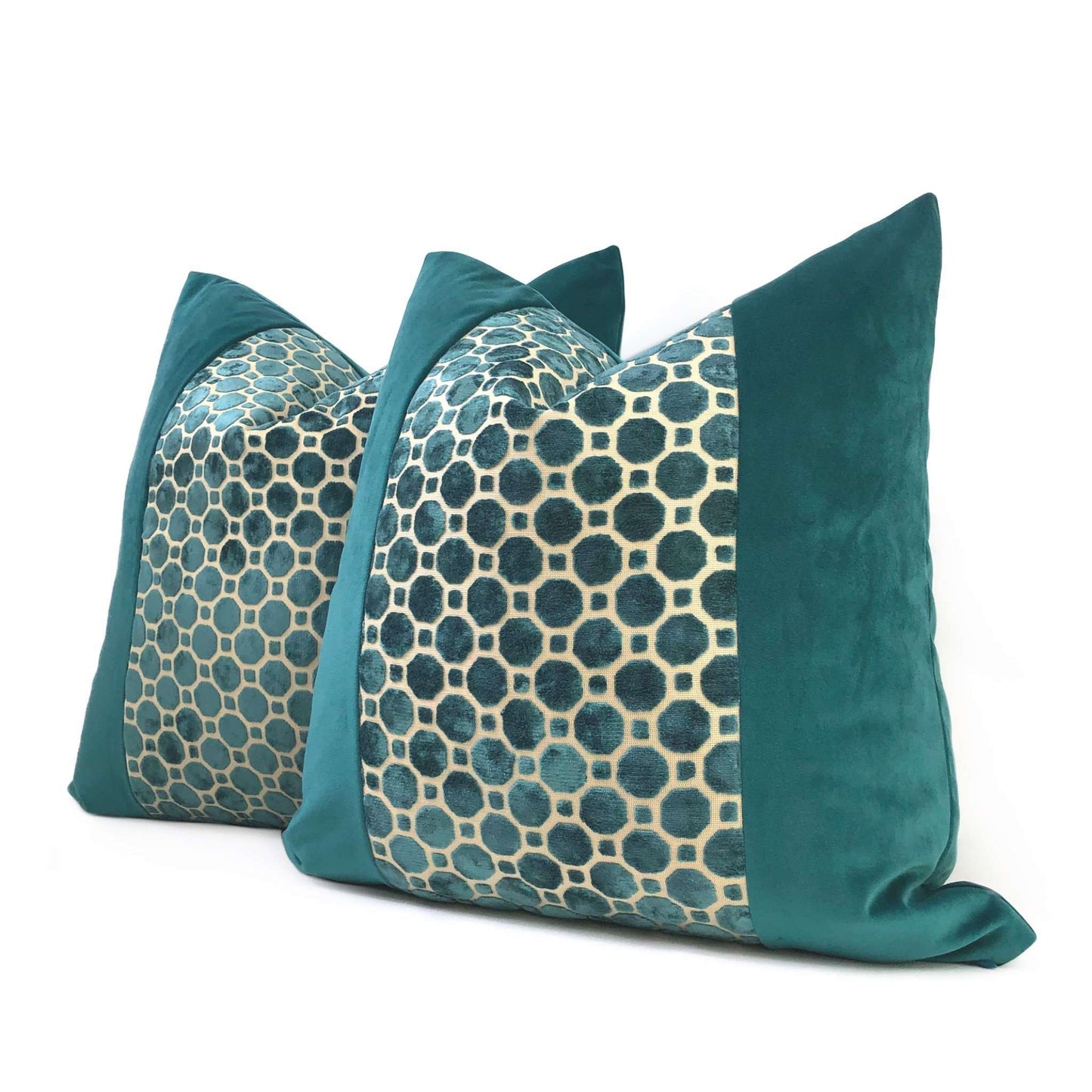 Samara Teal Green Velvet Geo Panel Pillow Cover Cushion Pillow Case Euro Sham 16x16 18x18 20x20 22x22 24x24 26x26 28x28 Lumbar Pillow 12x18 12x20 12x24 14x20 16x26 by Aloriam