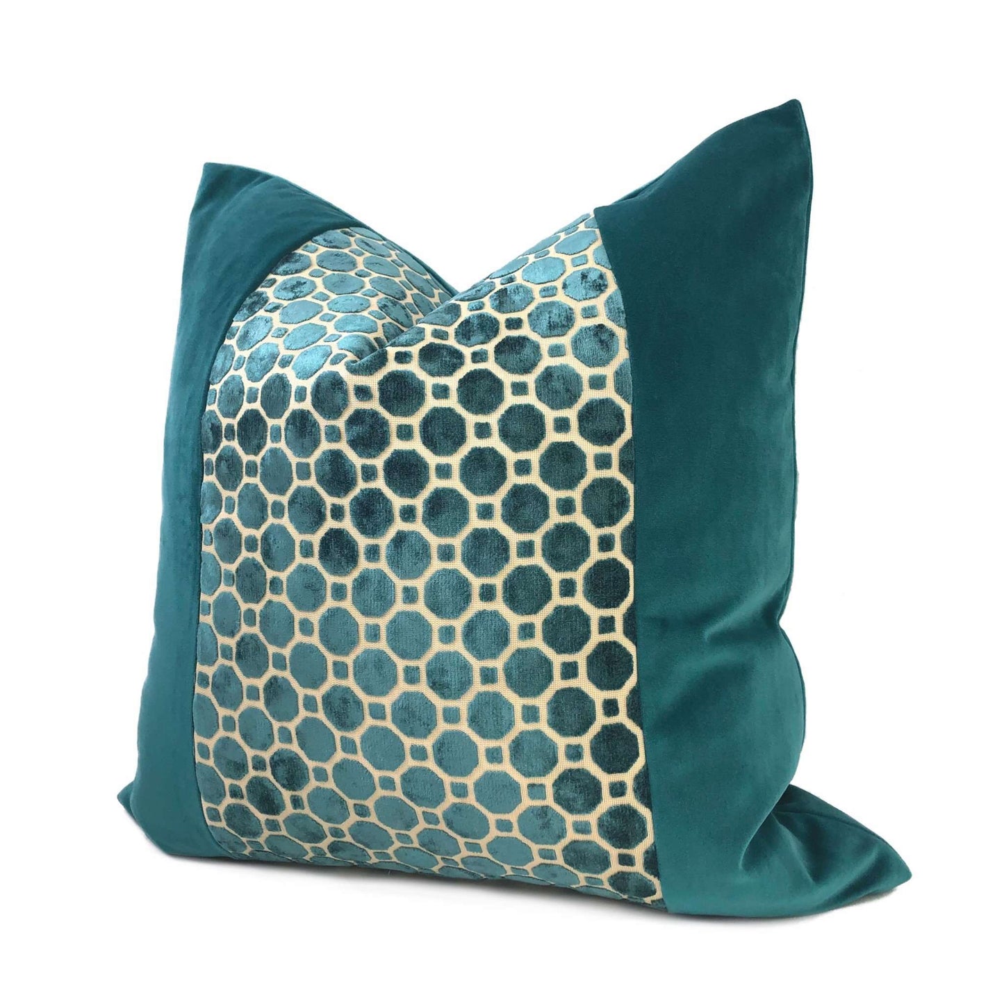 Samara Teal Green Velvet Geo Panel Pillow Cover Cushion Pillow Case Euro Sham 16x16 18x18 20x20 22x22 24x24 26x26 28x28 Lumbar Pillow 12x18 12x20 12x24 14x20 16x26 by Aloriam